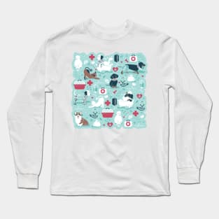 Veterinary medicine, happy and healthy friends // aqua background red details navy blue white and brown cats dogs and other animals Long Sleeve T-Shirt